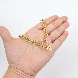 Heart Letter M Initial Pendant Necklace Gold Stainless Steel Clasp Chain Women